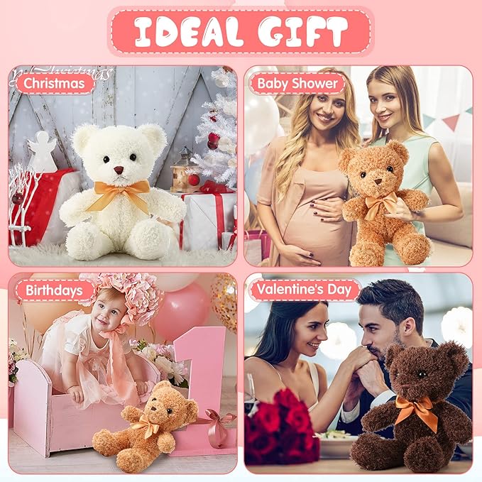 Lenwen 18 Pcs Bear Stuffed Animals Bulk 12 Inch Soft Plush Bears Doll Small Stuffed Toy for Boy Girl Baby Shower Valentines Christmas Birthday Decor Gift Party Favors(White, Dark Brown, Light Brown)
