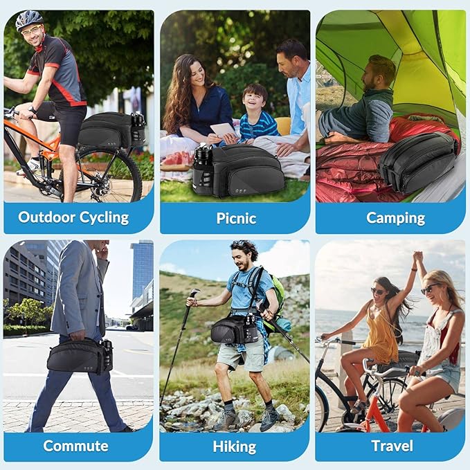 WOTOW Rear Rack Bag, 12L Waterproof Reflective Bicycle Trunk Bag, Cycling Rear Seat Carrier Backseat Storage Luggage with Water Bottle Holder, Shoulder Strap for MTB Bike E-Bike