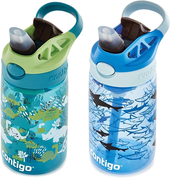 Contigo Aubrey Kids Dinos & Sharks Cleanable Water Bottle with Silicone Straw Spill-Proof Lid Dishwasher Safe 14oz 2-Pack