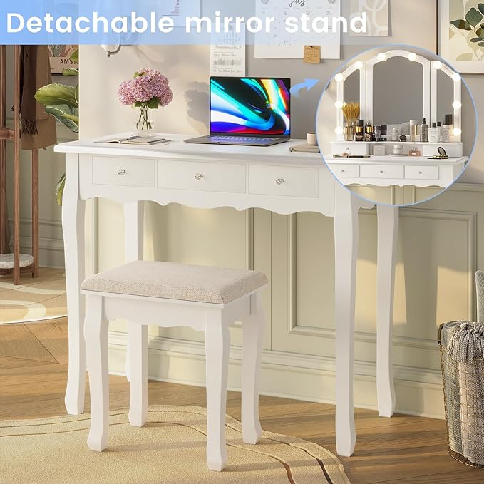 Tiptiper Makeup Vanity with Lights, Vanity Desk with Lighted Mirror and Stool, Vanity Table Set with 5 Drawers, 3 Light Settings, Adjustable Brightness, White