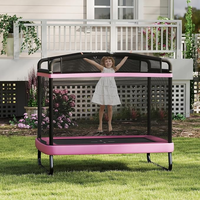 Goplus 6 x 4 FT Rectangle Kids Trampoline, Indoor Outdoor Recreational Trampoline with Swing, Gymnastics Bar & Safety Enclosure Net, ASTM Compliant Gift for Children Boys Girls