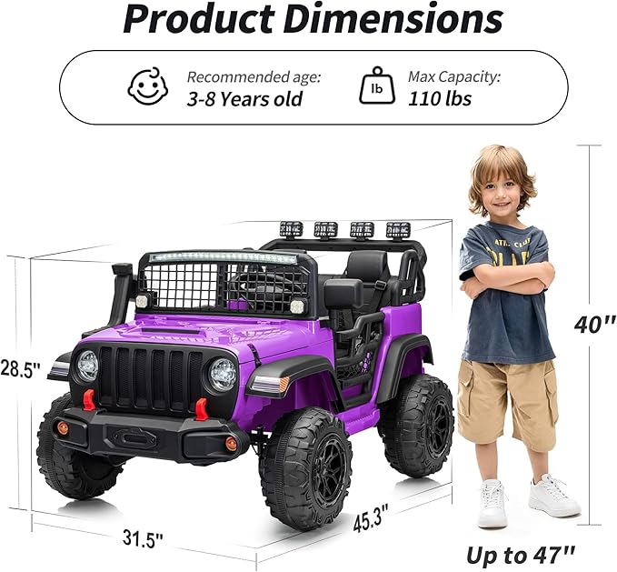 2 Seater Ride on Car Toy, 24V 4WD Electric Car for Kids 4-8 with Remote Control, 4x200W Motors, Capacity 110 lb - Purple