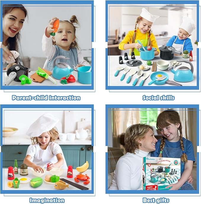 Bruvoalon 67Pcs Kids Play Kitchen Toys Set, Toddlers Pretend Cooking Playset Acccessories with Pots Pans, Utensils Cookware, Foods, Canned Veges, Learning Gift for Kids Girls Boys (Turquoise)