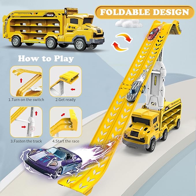 Toddler Car Truck Toys,Car Carrier Trucks for Kids Age 3-5 4-8,Foldable Car Track Sets with 2.8-Ft Race Track and 6 Die-Cast Race Cars, Truck Toys Gifts for 3 4 5 6 7 8+ Year Old Boys Girls(Yellow)
