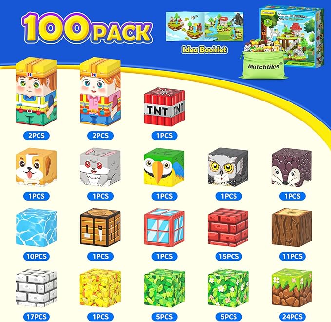 100PCS Magnetic Blocks with Forest Animals, Magnetic Building Blocks Magnet Cube Toys Stacking, Build Forest World Set, STEM Montessori Sensory Toys for Kids Boys Girls Age 3 4 5 6 7 8 9 10 Gifts