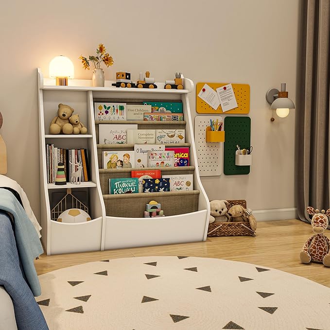 FKWin White Kids Bookshelf with 4 Layer Sling Bookcase,Deer Design Toddler Book Shelf for Kids Rooms Montessori Toy Storage with Adjustable Shelves