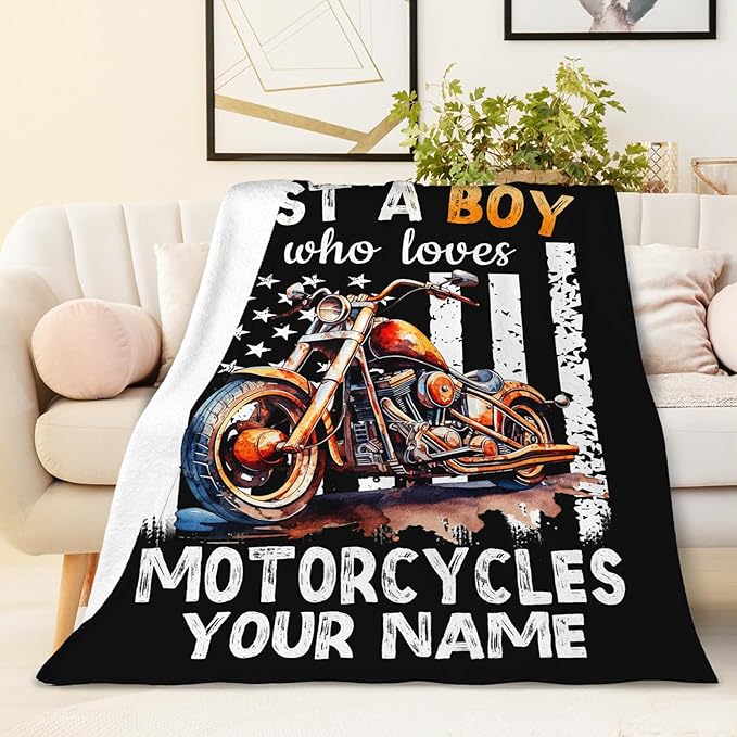 Personalized Motorcycle Gifts for Boys Men, 60x80 Inches Cool Throw Blanket for Kids Adults Motorbike Lovers Motorcycle Riders, Custom Black Soft Blankets for Couch Sofa Bed Travel