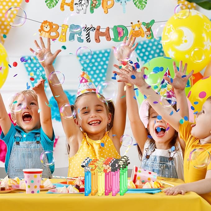 24 Jungle Animal Party Favors Bubble Wands for Kids, Lion Fox Zebra Giraffe Safari Mini Bubbles Wand Toys, Woodland Theme Birthday Party Supplies Goodie Gift Bag Stuffers Pinata Classroom Prizes
