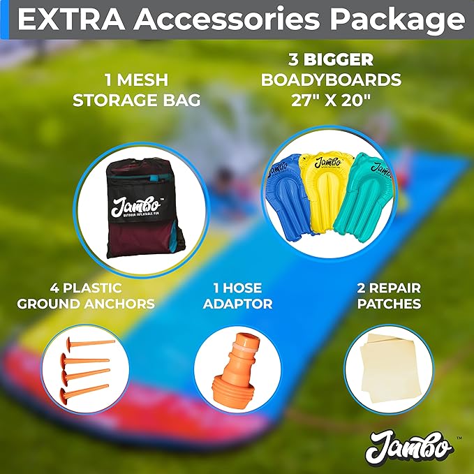 JAMBO XL 20Ft Premium 3 Lane Slip Splash and Slide with 3 Bodyboards, Heavy Duty Water Slide- Advanced 3-Way Water Sprinkler System, Backyard Waterslide Outdoor Water Toys n Slides for Kids Splash Pad