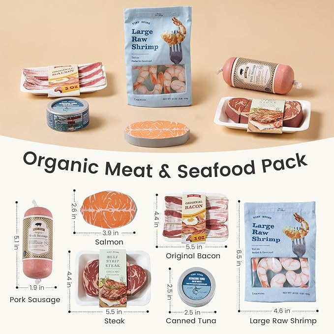 Tiny Land Organic Play Food Set - 6PCS Wooden Seafood & Meat Toy Set for Kids, Pretend Grocery for Kitchen Play, Montessori Toy Gift