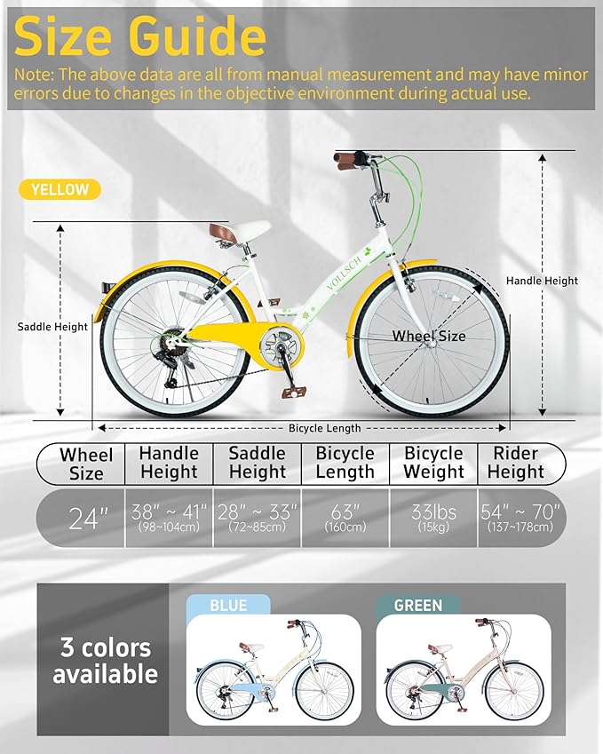 24 Inch 6-Speed Hybrid Beach Cruiser Bike for Girls Youth Ages Over 8 Years Old Kids Bicycle with Dual V-Brakes Adjustable Seat, Multiple Colors