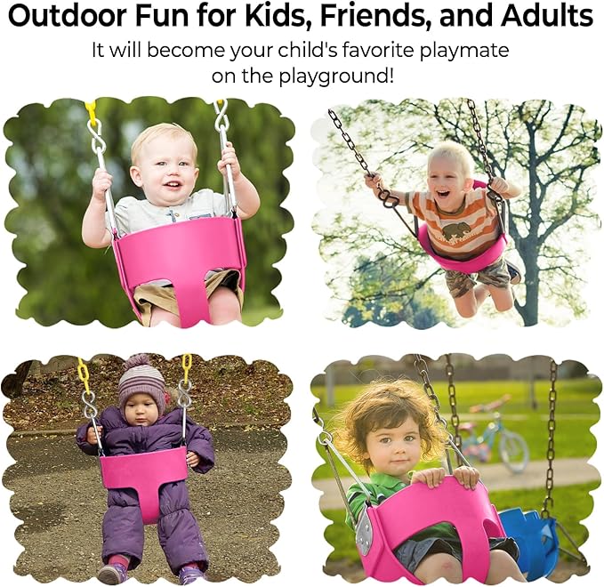 AGPTEK High Back Full Bucket Toddler Swing Seat with Yellow Coated Swing Chains and Carabiners Baby Swing Outdoor for Easy Install (Pink)