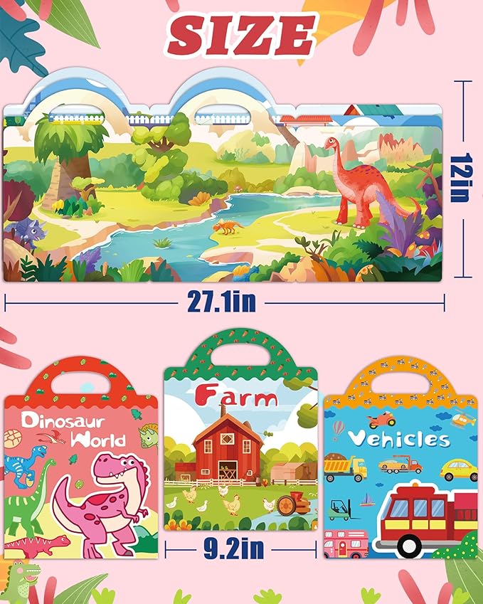 Benresive Reusable Sticker Book for Toddlers 2-4 Years, 3 Sets Travel Stickers for Kids, Waterproof Sticker Books for Toddlers 1-3, Crafts Activities for Todddlers 1-3 2-4 3-5