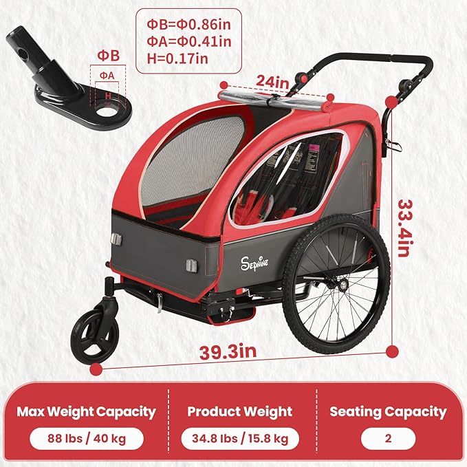 Sepnine Kids Bike Trailer, 2 in1 Canopy Carrier Converts to Pushcart Suitable for 1 to 2 Toddlers, Kids, Quick Attach to Bike, Foldable, with 5-Point Harness and Storage Bags
