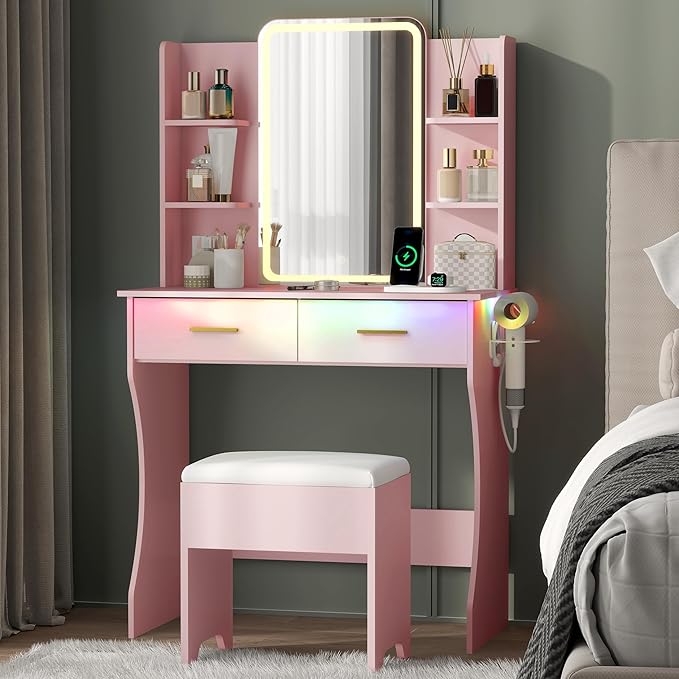 Small Vanity Desk with Mirror and Lights, Makeup Vanity Table Set with 3 Lighting Modes & Adjustable Brightness, Power Outlet, Storage Drawers, Cushioned Stool, Dressing Table for Women Girls