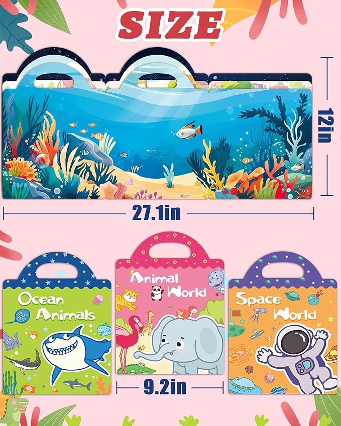 Benresive Reusable Sticker Book for Toddlers 2-4 Years, 3 Sets Travel Stickers for Kids, Waterproof Sticker Books for Toddlers 1-3, Crafts Activities for Todddlers 1-3 2-4 3-5