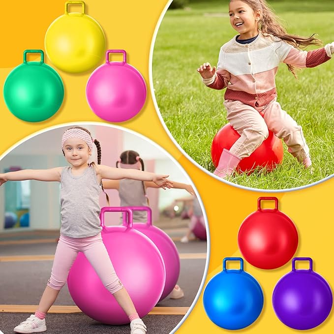 Lewtemi 6 Pcs Hopper Ball Carnival Outdoor Games 22 Inch Jumping Hopping Inflatable Bouncing Ball with Handle and Air Pump for Kids Sport Exercise(Red, Blue, Green, Pink, Yellow, Purple)
