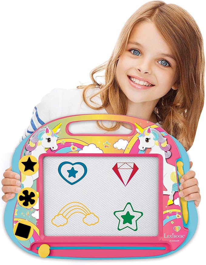 LEXiBOOK, Multicolor Magic Magnetic Unicorn Drawing Board, Artistic Creative Toy for Girls and Boys, Stylus Pen and Stamps, Pink/Blue, CRUNI550