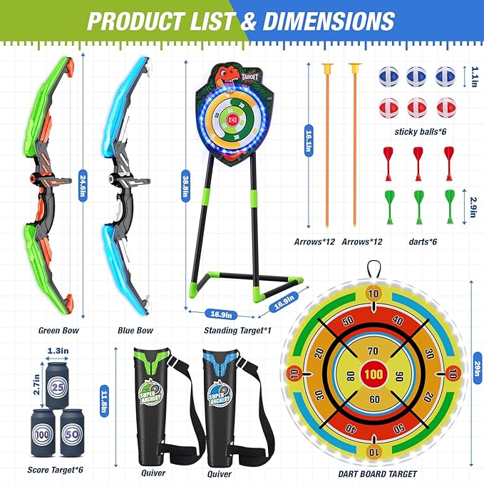 2 Pack Kids Bow and Arrow with 29" Large Dart Board, LED Light Up Archery Set with 24 Suction Cup Arrows, Indoor Outdoor Sport Dinosaur Toys Gifts for 3 4 5 6 7 8 9 10 11 12 Year Old Boys Girls