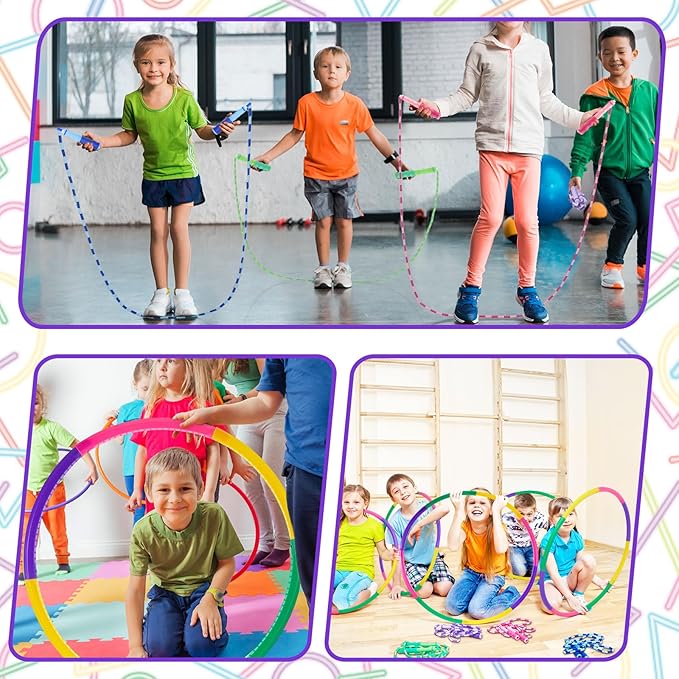 8 Pcs Toy Hoop and Jump Rope Set for Kids Include 4 Skipping Rope and 4 Detachable Weight Size Hoop Gymnastic Fitness Exercise Gift Equipment