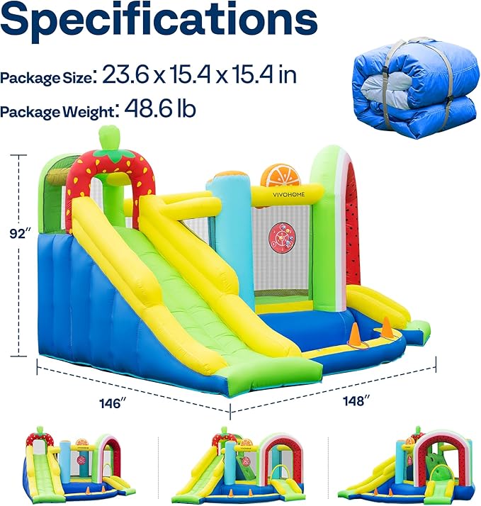 VIVOHOME 7 in 1 Bounce House for Kids, Fruit Theme Inflatable Bouncy Castle with Slide, 12x12 FT Inflated Bouncer for Outdoor with Blower, Basketball, Climb, Jump Area, Ball, Water Pool, Hoop