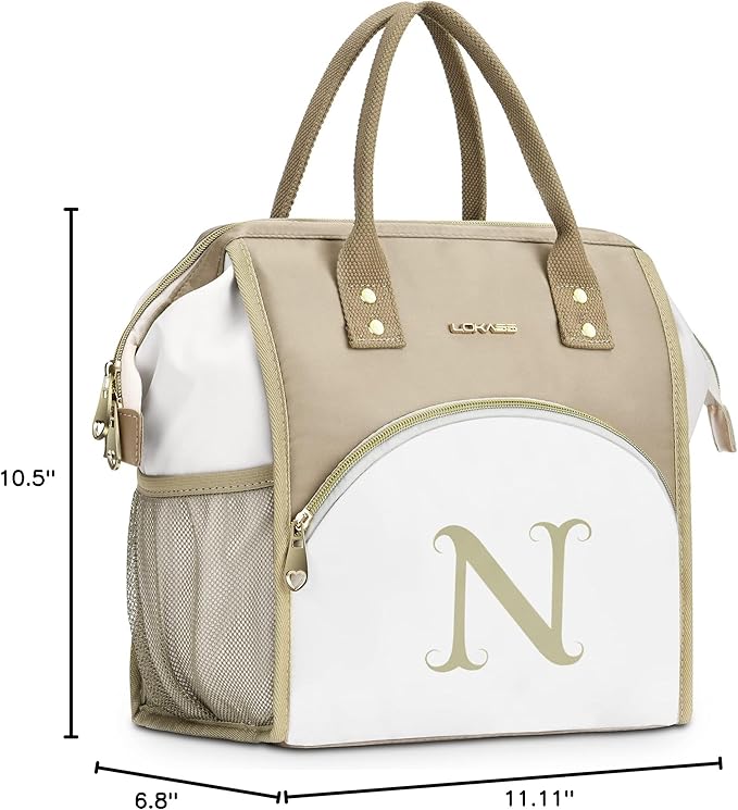 Personalized Lunch Box for Women, Initial Reusable Insulated Lunch Bag, Wide-Open Adult Lunchbox Cooler Lunchbag, Leakproof Lunch Tote for Picnic Work Outdoors, Christmas Gift for Women, Brown - N