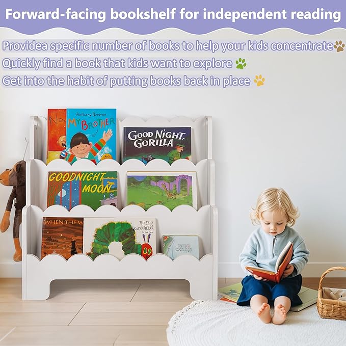 Kids Bookshelf Wooden 3-Tier, Scalloped Book Shelf for Kids Rooms, Front Facing Toddler Montessori Bookshelf, Baby Nursery Book Shelves Kids Classroom Bookshelf Bookcase