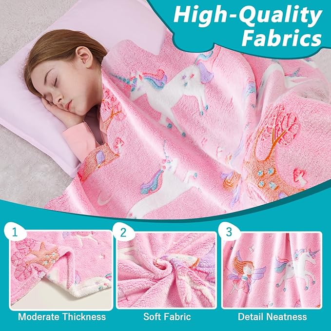 QSTEHEML Unicorns Glow in The Dark Blanket for Girls,Unicorns Gifts for Girls Age 3 4 5 6 7 8 9 10 11 12 Year Old, Soft Throw Blanket for Kids Girls- Christmas Birthday Bedroom Decor 50"×60"
