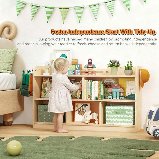 AMBIRD Wooden Kids Bookshelf, 5-Section Montessori Bookshelf, Toy Storage Organizer Cabinet, 2-Shelf Bookcase for Kids Room, Nursery, Classroom, Playroom, Living Room, Bedroom, Preschool