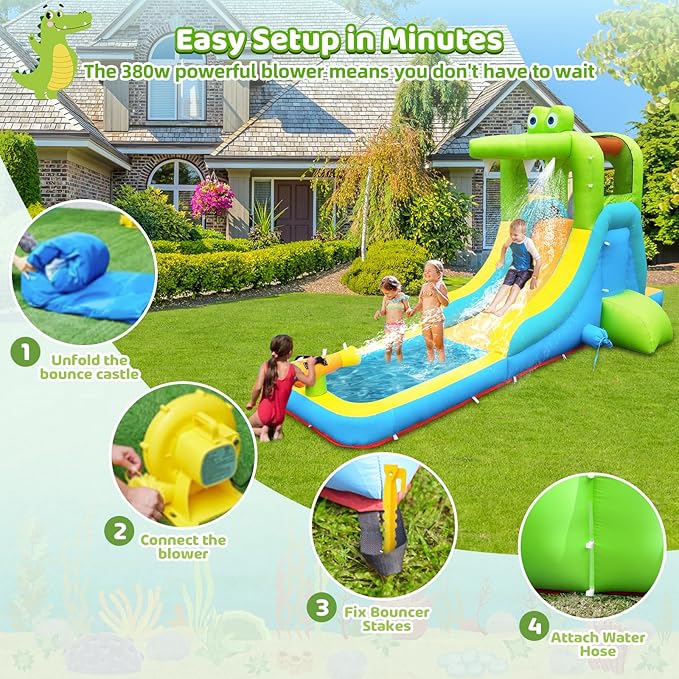 Inflatable Water Slide - Crocodile Theme Bounce House Water Park with Blower, Climbing Wall, Splash Pool, Water Cannon, Blow up Toddler Waterslide for Kids and Adults Backyard, Green