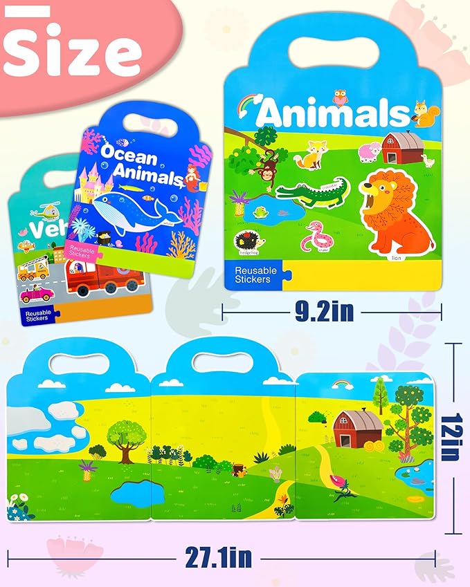 Benresive Reusable Sticker Book for Toddlers 2-4 Years, 3 Sets Travel Stickers for Kids, Waterproof Sticker Books for Toddlers 1-3, Crafts Activities for Todddlers 1-3 2-4 3-5