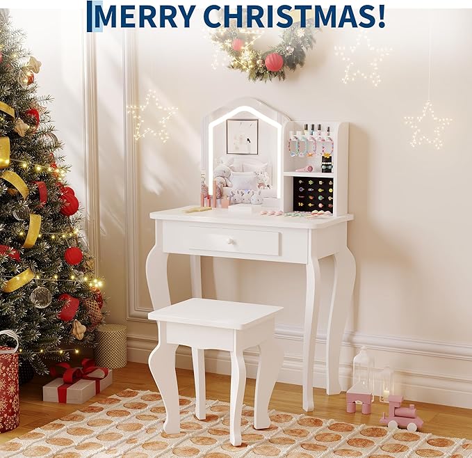 Garvee Kids Vanity with Lighted Mirror, Little Girl Vanity and Stool, Toddler Makeup Table Set and Makeup Playset for 3-8 Girls, White