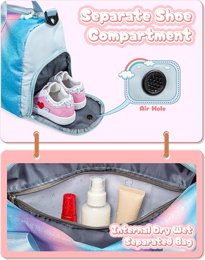 Birthday Gift for Daughter-Girl Gym Bag with Shoe Compartment, Kid Weekender Overnight Bags, Initial Travel Tote with Makeup Pouch, Gift for 3 4 5 6 7 8 9 Year Old Girls (Letter A)