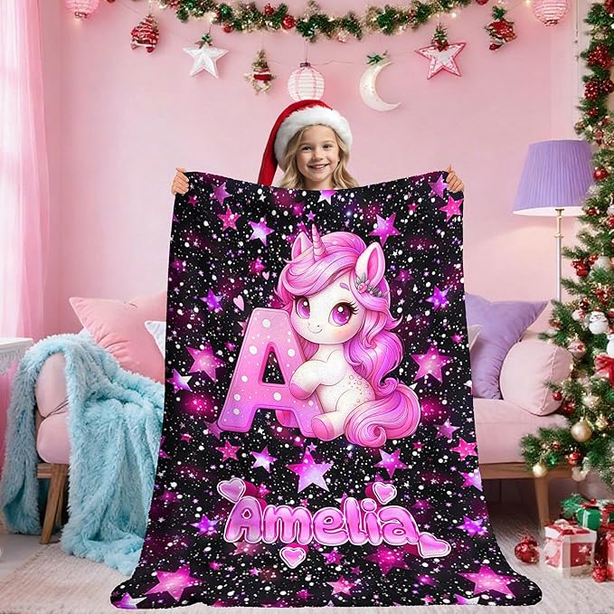 Custom Girl Blanket with Name Personalized Unicorn Blanket Gift for Newborn, Toddler, Teens to Adult for Birthday, Baby Shower, Christmas (Girl-01)