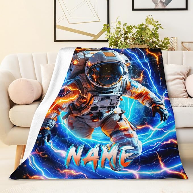 Personalized Astronaut Blanket for Boys Son, Throw Blankets with Custom Name for Kids Adults Astronaut Lovers 50x60 Inches Lightweight Soft Comfy Throw for Sofa Couch Bed Trip