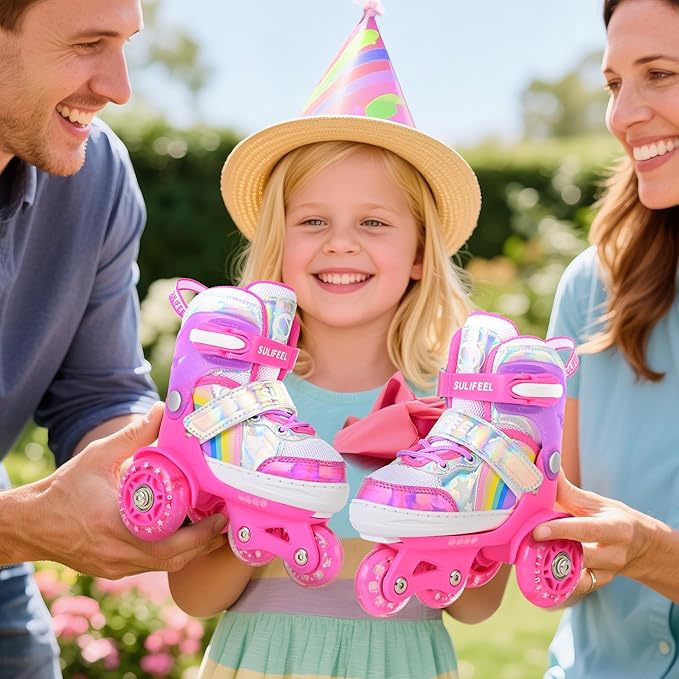 SULIFEEL Rainbow Unicorn 4 Size Adjustable Light up Roller Skates for Girls Boys for Kids