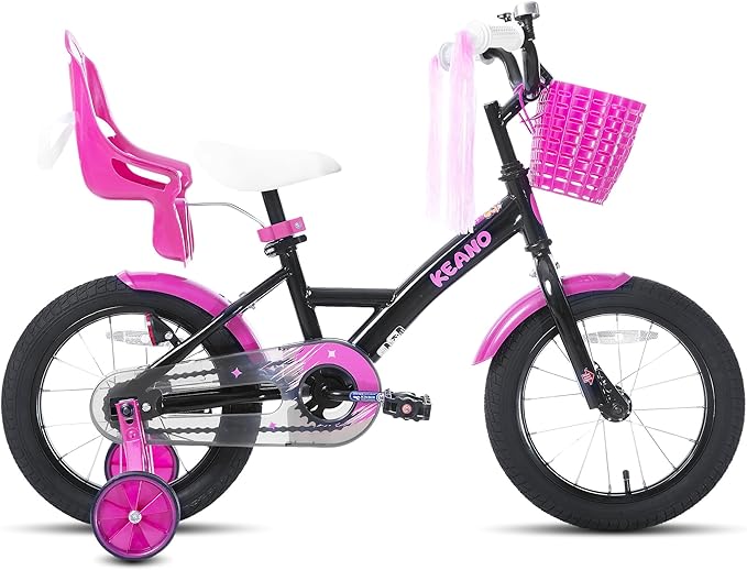 KEANO Zinnia 14 16 20 Inch Kids Bike for Girls Ages 3-10 Years, Girls' Bikes with Training Wheels, Streamers, Basket and Doll Seat, Children Bicycles