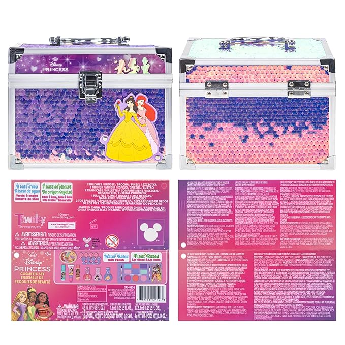 Disney Princess Train Case Beauty Set, Kids Makeup Kit for Girls, Real Washable Makeup Set, Play Makeup, Party Favor, Birthday, Ages 3 4 5 6 7 8 9 10 11 12 by Townley Girl