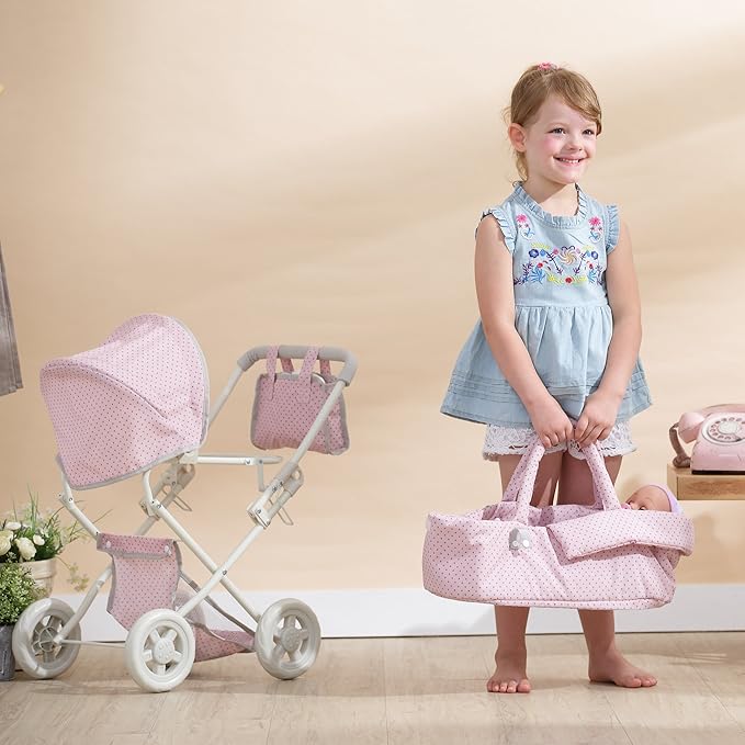 Olivia's Little World Buggy-Style Baby Doll Stroller with Retractable Canopy, Storage Underneath, Detachable Bassinet, Travel Nursery Bag, Comfortable to Push, Pink and Gray