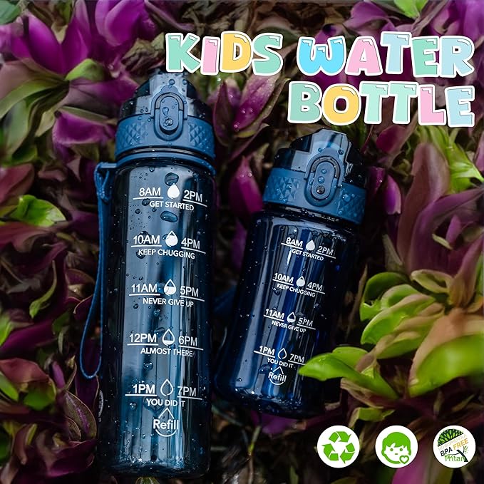 OLDLEY 12oz Kids Water Bottle for School - Motivational With Silicone Straw, Leak-Proof Tritan BPA-Free, Reusable for Girls Boys, Cherry Blossom