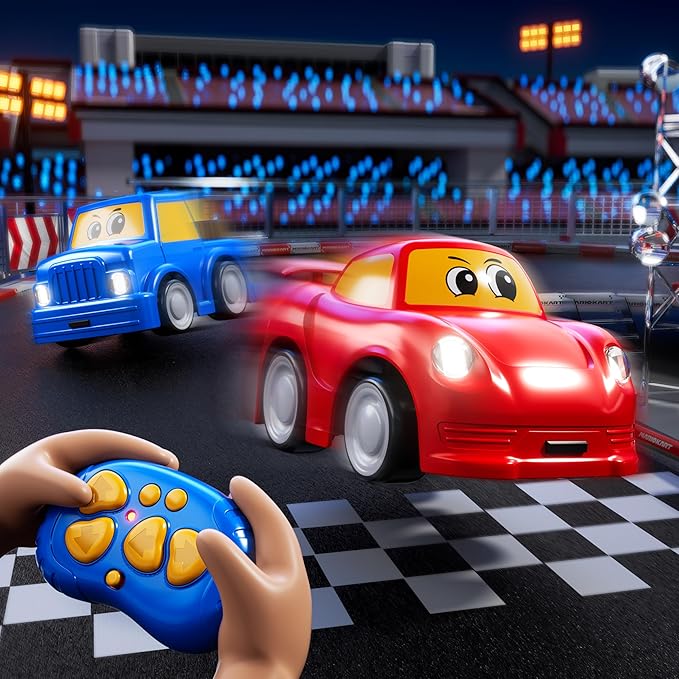 Remote Control Car 2 Year Old, Toddler RC Cars Ages 2-4 Boy, 2-Pack 2.4 GHz Truck and Race Car with Sound and Light, Easy Electrical Remote Control Toy Gifts for Boys Girls 3 4 5+ Year Old