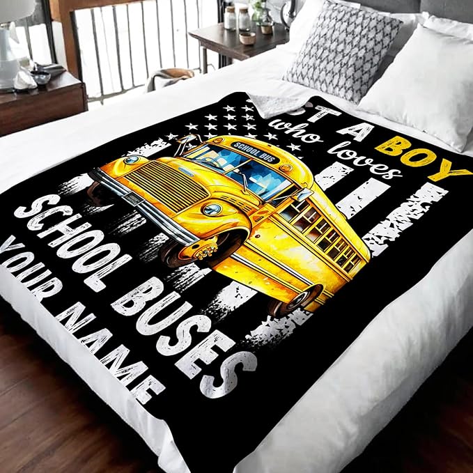 Personalized Boys Blanket Gifts with Name, School Bus Throw Blankets for Kids Teens, 40x50 Inches Cute Throws for Sofa Couch Bed, Custom Gift for Car Lovers