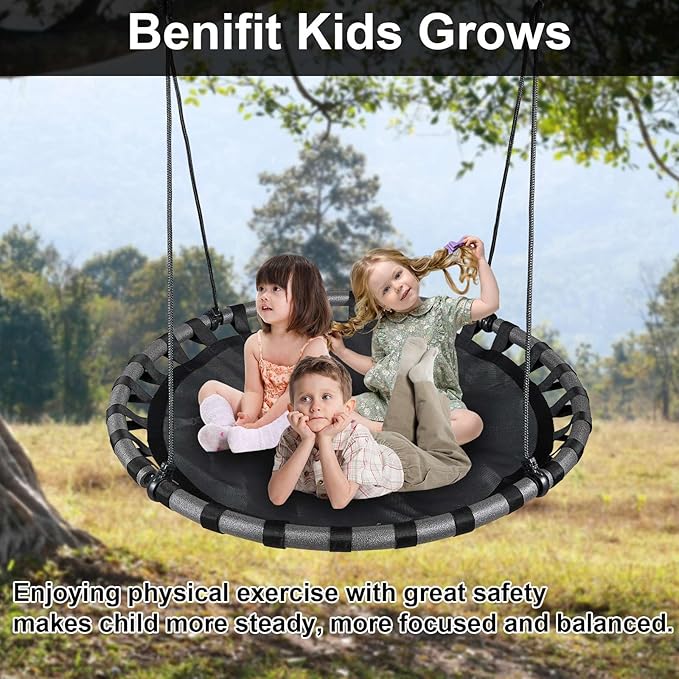 43 inch Black Saucer Tree Swing for Kids,Flying Round Swing Waterproof and All-Weather Resistant,PP Mat,Adjustable Strong Ropes,Easy to Install,Outdoor Playground Backyard