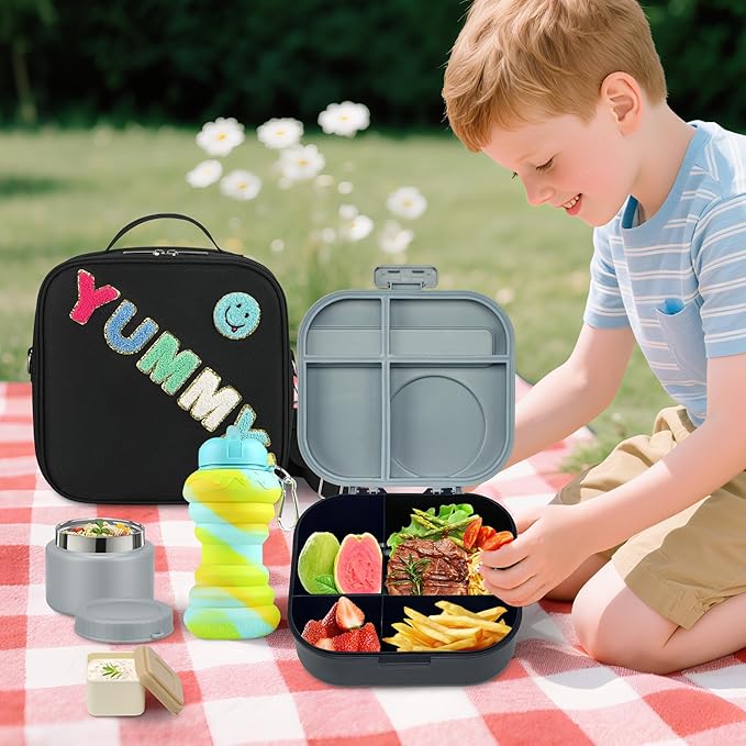 Kids Bento Lunch Box with 12oz Soup Thermo, Kids Leakproof Lunch Food Container with 4 Compartments, Insulated Lunch Bag & Water Cup for Girls Boys to School Travel