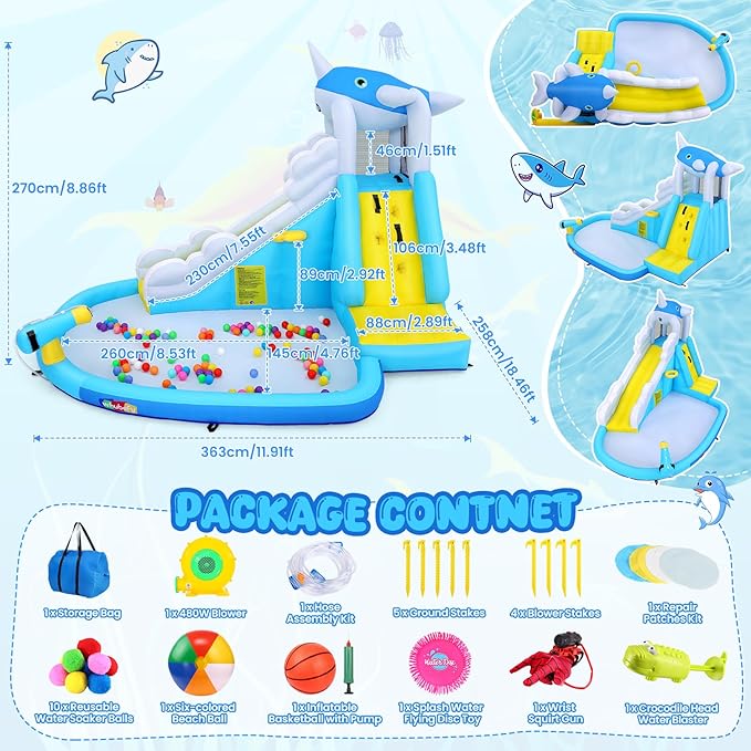 ROOJER Inflatable Water Slide Park for Kids Backyard 12-in-1 Blow Up Narwhal Spray Slide with 480W Blower, Splash Pool, Climbing Wall, Water Cannon, Basketball Hoop for Summer Outdoor Play Party Gift