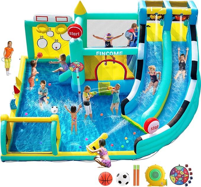 Bounce House Double Slides for Kids 3-10, Large Bounce Castle with Air Blower 550W, Pool, Jumping, Climbing, Balls, Ring Toss, Inflatable Water Park for Birthday Party Holiday Outdoor Indoor
