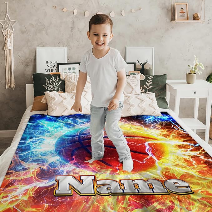 Basketball Blanket Personalized Gifts for Kids Boys - 50x40 Inches Cozy Soft Small Sports Throws for Basketball Lovers Players Son Grandson for Couch Travel Camp