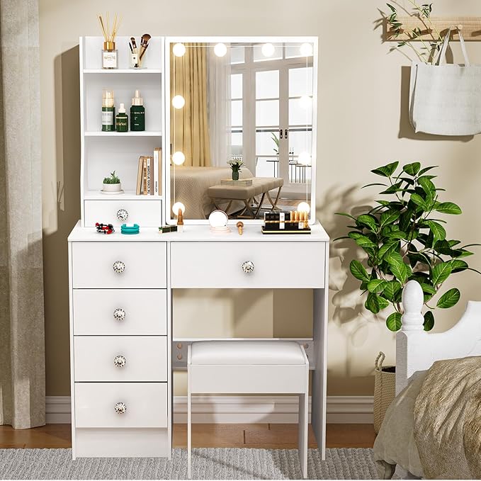 Makeup Vanity Desk with Sliding Mirror and Lights, White Vanity Desk with Lighted Mirror, 3-Color Adjustable Brightness, USB Port, Drawers, Small Vanity Set with Stool for Bedroom, Girls & Women