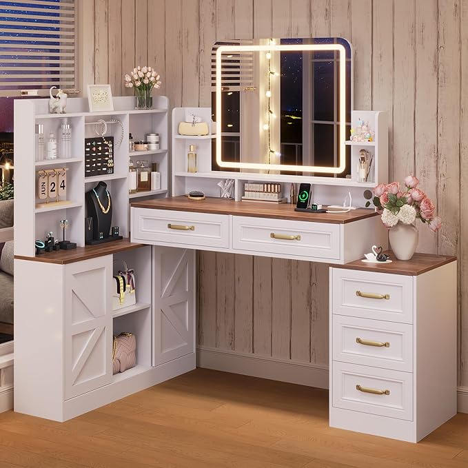 White Vanity Desk with Mirror and Lights 3 Colors, Makeup Vanity Table with Lights & Power Outlets,Makeup Desk with 5 Drawer and Storage Shelves, Jewelry Storage for Bedroom,White Vanity