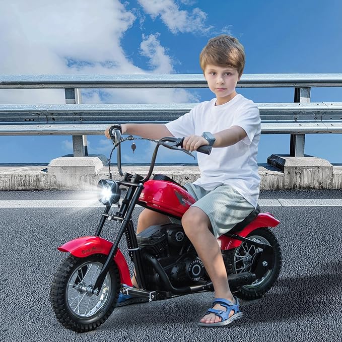 24V 9AH Electric Dirt Bike for Kids, 250W Strong Motor 13.6MPH Fast Speed Electric Retro Off-Road Motorcycle, Leather Seat Dirt Bike, LED Lights, Air-Filled Tires, Red